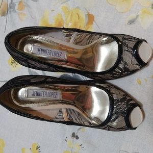 Used 2 times perfect condition Jennifer Lopez black lace open toes heels